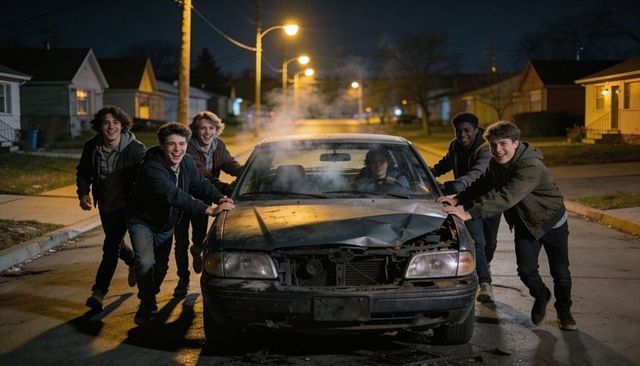 Teenage boys pushing damaged sedan down quiet suburban street at night while laughing