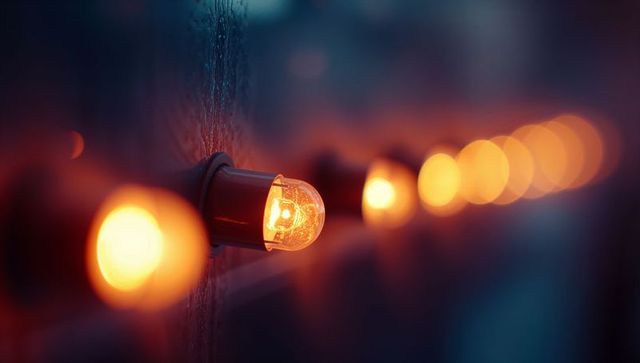 Row of Glowing Bulbs with Focus on Single Filament at Night