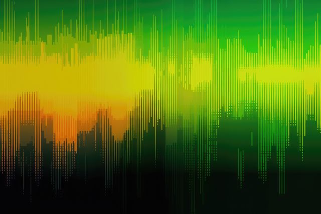 Colorful abstract representation of sound waves blending green and orange shades with digital elements. Suitable for technology, music, and media projects, background visuals, graphic design inspiration, or promotional materials.