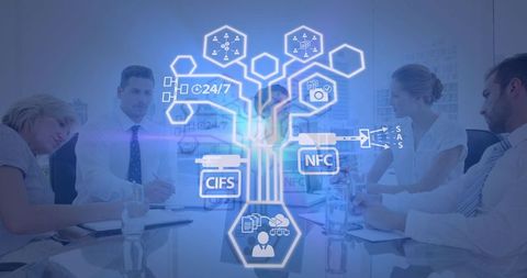 Business team engaging with futuristic network technology interface