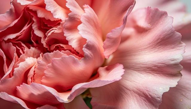 Pink carnation macro showing scalloped petals, veins and speckled texture, studio closeup