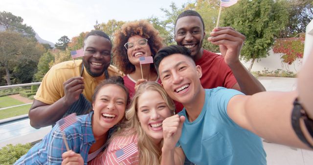 Diverse Group of Friends Celebrating with American Flags - Download Free Stock Images Pikwizard.com