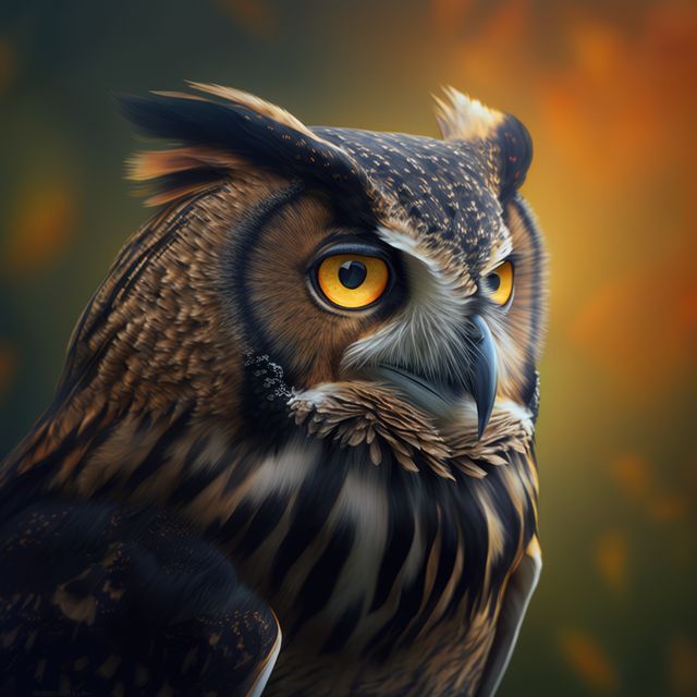 This close-up view of a majestic owl with intense orange eyes captures the creature's regal and watchful nature. Ideal for use in wildlife documentaries, nature magazines, educational posters, and websites focusing on bird species or natural conservation efforts. The detailed feathers and sharp eyes make it perfect for artistic prints or decor in nature-themed spaces.