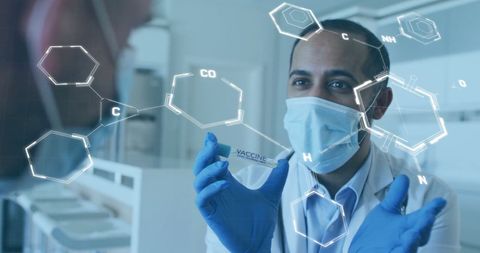 Doctor in Mask with Vaccine and Chemical Formulas Overlay