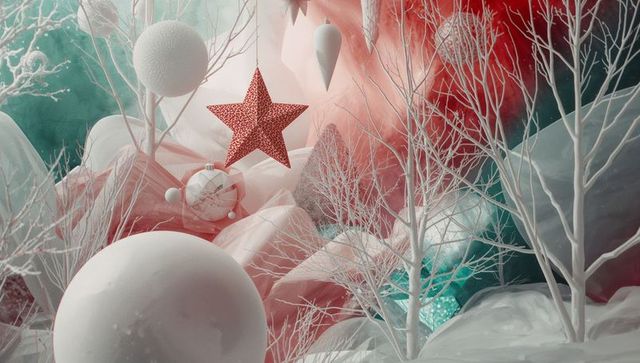 Festive red star ornament with abstract winter elements