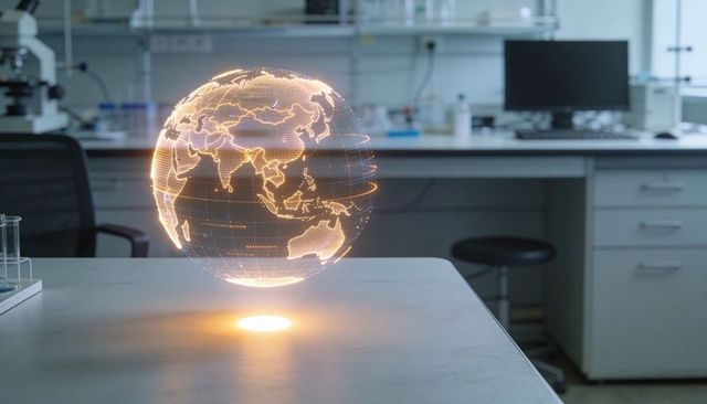 Holographic globe projecting above lab bench with futuristic orange data lines