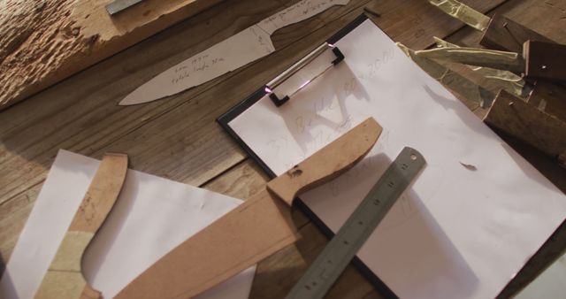 Artisan knife making workshop with wooden, metal templates and design plans on table. Ideal for use in woodworking, metalwork tutorials, DIY craft guides, or content focusing on handcrafted projects and artisanal crafts.
