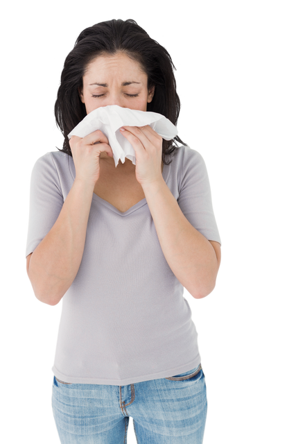 Sick Brunette Blowing Nose with Tissue on Transparent Background - Download Free Stock Videos Pikwizard.com