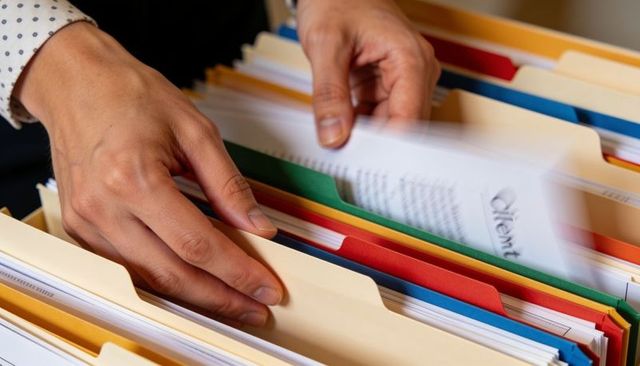 Office hands sorting color-coded tabbed folders and documents in organized filing drawer