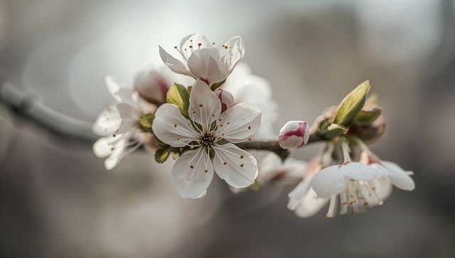 White Pink Cherry Blossoms Blooming on Branch with Soft Bokeh Background