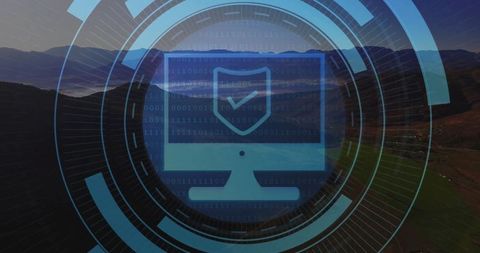 Tech security symbol with mountain lake backdrop