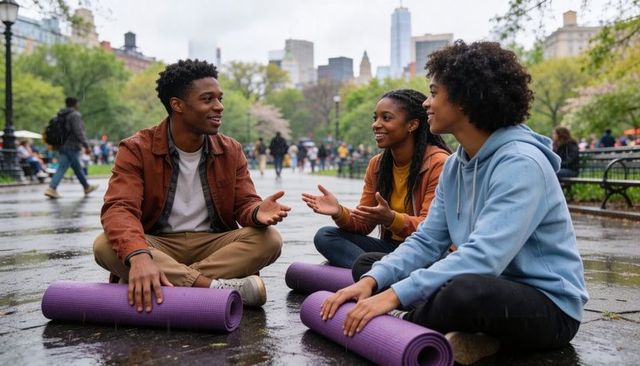 Friends chatting and laughing with yoga mats in city park after rain, wellness meetup