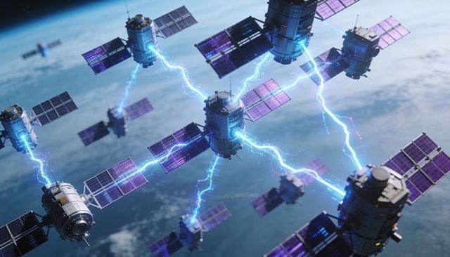 Distributed satellite power network showing plasma energy links between orbital modules