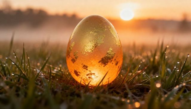 Glowing amber egg resting on dewy grass at sunrise with gold leaf and warm bokeh