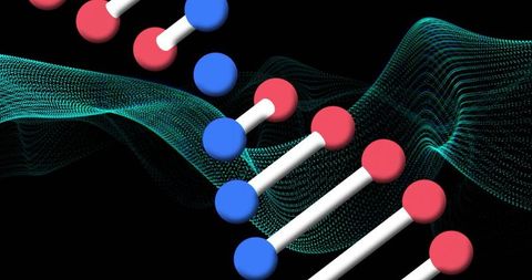 Dna helix tilting with glossy spheres, white connectors and teal data wave