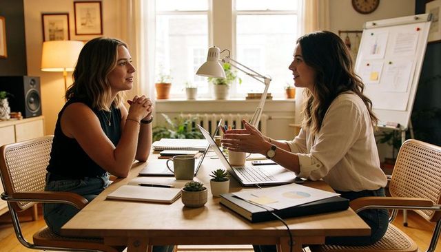 Two women collaborating in cozy home workspace with laptops, plants, casual business attire, sunlit