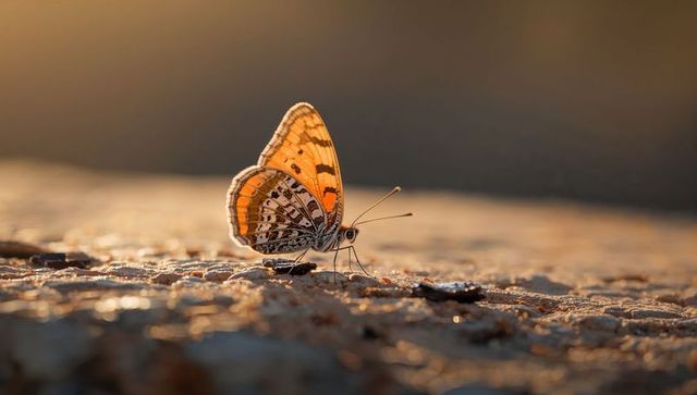 Perching orange-black butterfly on gritty ground at golden hour macro closeup