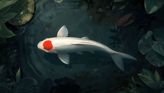 White tancho koi swimming over dark pond with lily pads and serene water ripples