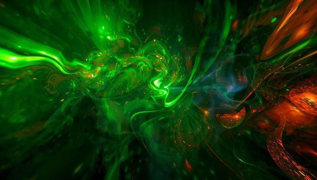Swirling Emerald Nebula Vortex with Orange Sparks and Flowing Cosmic Ribbons