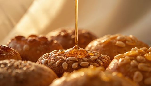 Pouring amber syrup over pine nut-topped sweet buns, warm bakery glaze close-up