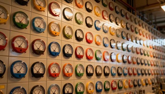 Vintage analog gauge wall showing colorful dials on industrial control panel grid