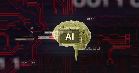 Floating gold 3D brain with AI holographic interface on red circuit board background