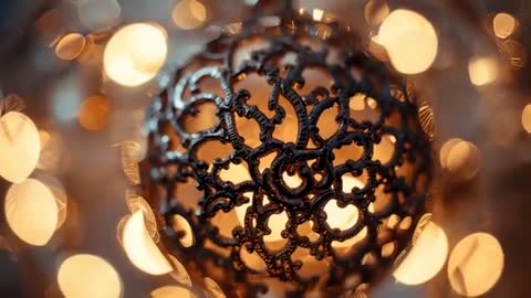 Ornate Filigree Sphere Rotates with Warm Lights