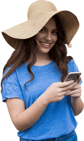Young Woman with Hat Smiling While Using Smartphone on Transparent Background