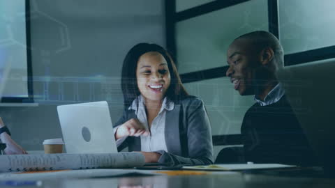 Diverse Professionals Using Laptop with Digital Science Interface