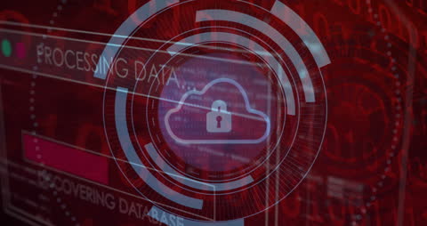 Digital Cloud Security Icon Over Data Processing Background