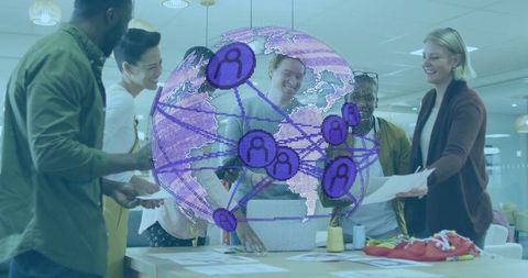 Diverse Team Collaborating with Digital Globe Interface