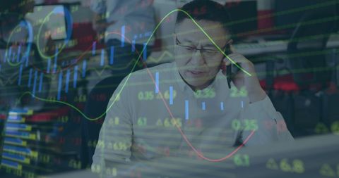 Businessman Analyzing Stock Market Data Overlay with Phone