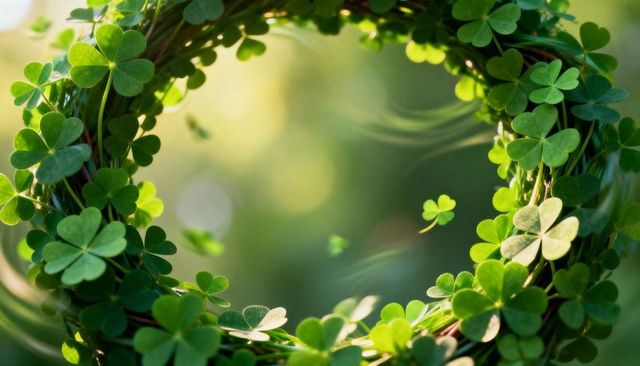 Sunlit clover wreath ring of shamrocks with twining stems, soft bokeh, macro nature