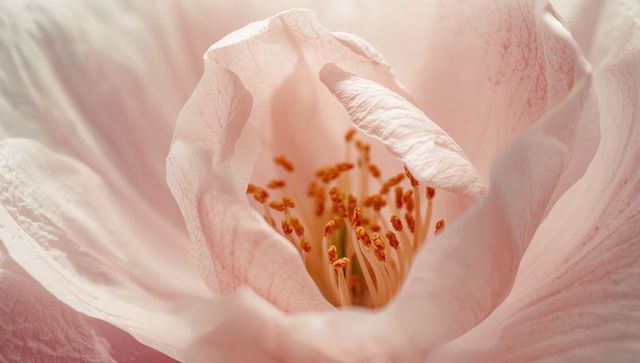 Pale pink blossom revealing delicate veined petals and golden anthers macro
