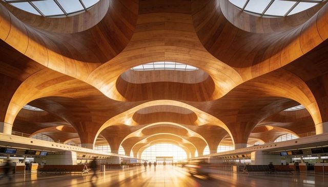 Sunlit vaulted timber terminal showcasing sweeping wooden arches, skylights and warm light