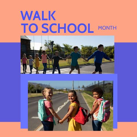 Multiracial children celebrating walk to school month
