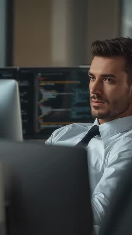 Vertical video Leaning male developer scanning code on dual monitors in modern office