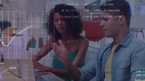 Animated Stock Market Data with Colleagues Discussing at Office
