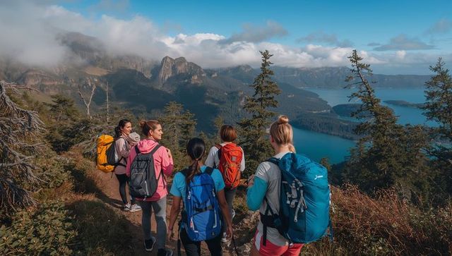Hiking group traversing mountain ridge overlooking deep blue lake and forested cliffs