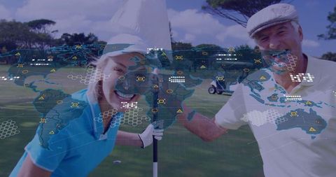 Active Seniors Enjoying Golf with Futuristic Digital Interface