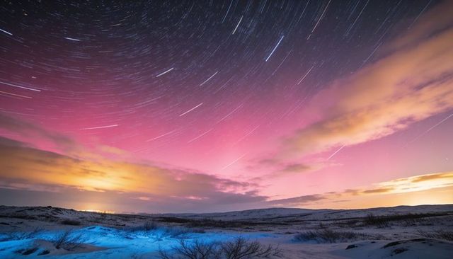 Arctic night sky swirling with star trails and pink-purple aurora over snowy tundra