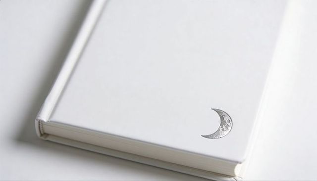 Minimal white hardcover journal featuring silver crescent moon emblem high-key flat lay
