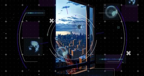 Futuristic data overlay scanning urban cityscape