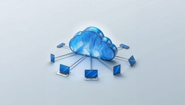 Glossy blue cloud connecting laptops, tablets, phones and servers for modern cloud network