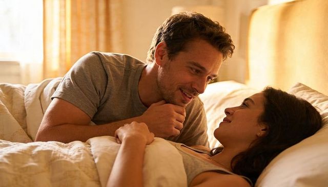 Sunlit couple gazing in bed sharing intimate morning moment with cozy quilt and warm light