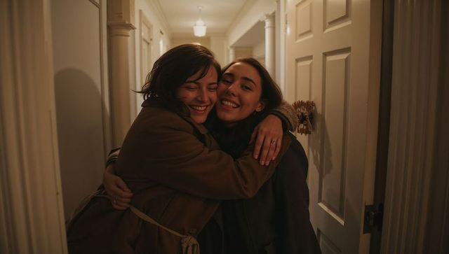 Two women hugging in cozy narrow hallway wearing coats and smiling in warm embrace