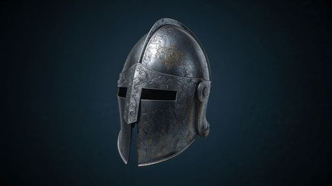 Ornate medieval steel helmet with engraved patterns