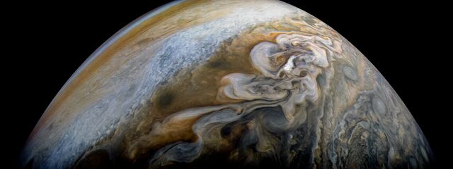 See swirling cloud formations in the northern area of Jupiter's north temperate belt in this new view taken by NASA's Juno spacecraft.  The color-enhanced image was taken on Feb. 7 at 5:42 a.m. PST (8:42 a.m. EST), as Juno performed its eleventh close flyby of Jupiter. At the time the image was taken, the spacecraft was about 5,086 miles (8,186 kilometers) from the tops of the clouds of the planet at a latitude of 39.9 degrees.  Citizen scientist Kevin M. Gill processed this image using data from the JunoCam imager.  https://photojournal.jpl.nasa.gov/catalog/PIA21978
