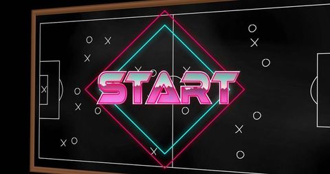 Neon start wordmark on chalkboard soccer tactics board with x-o markers and retro glow