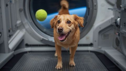 Golden Dog Playing with Floating Tennis Ball in Futuristic Spacecraft Airlock Interior